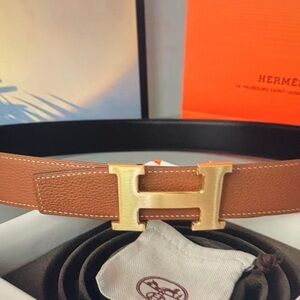 Men’s Hermes Reversible Leather Belt With Gold Plated Logo Buckle